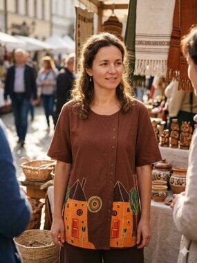 Misslook Size 4XL Earthy Brown Faux Button Short Sleeve Folk Art Print Tunic Top